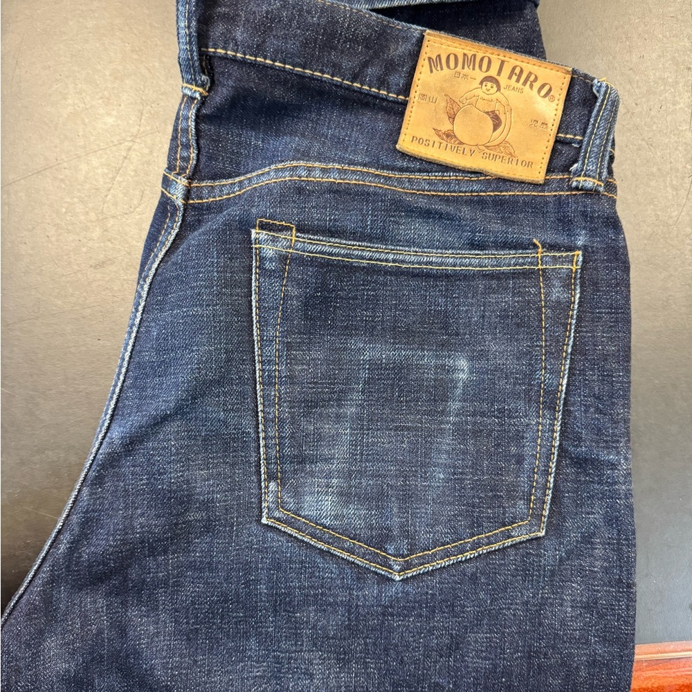 Momotaro Dark Indigo Jeans with Tan Patch